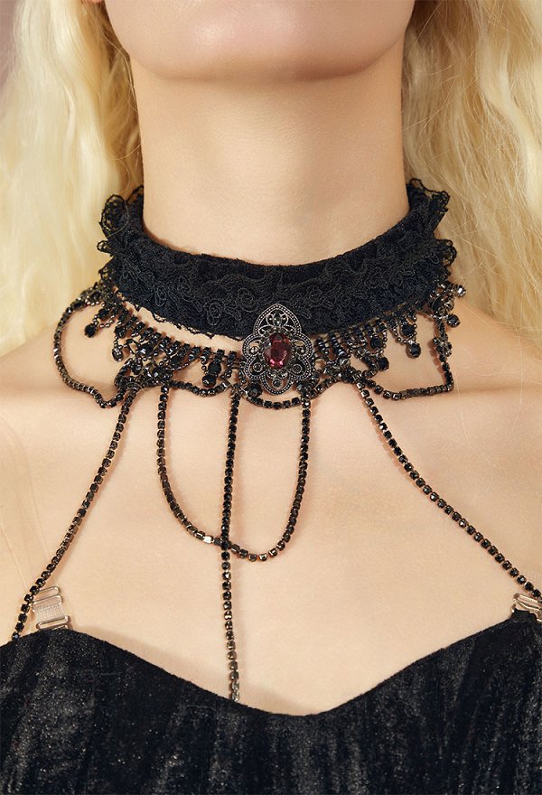 Viktorianischer Spitzen-Choker Mit Handschuhen – Schwarz, Für Halloween, Gothic & Cosplay