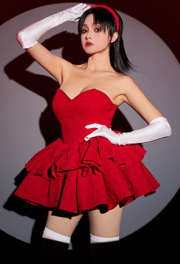 Women Mima Costume Red Strapless Tube Dress with Headband with