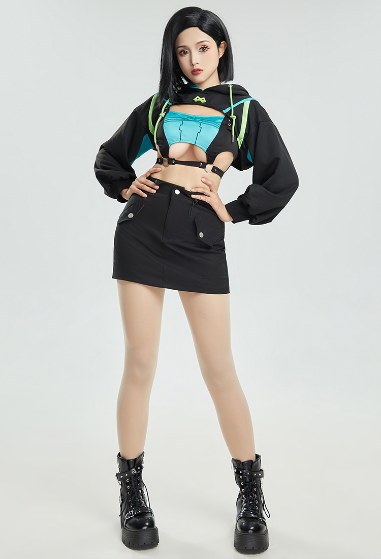 Viper Derivative Gothic Casual Outfit Top and Triangle Bottom with Short Hooded Sweatshirt