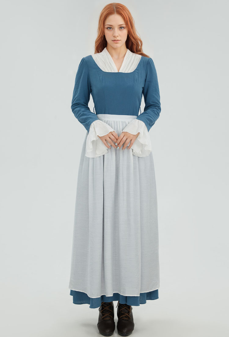 Pioneer Costume Medieval Colonial Style Long Prairie Dress Flared Sleeve Dress with Apron and Belt