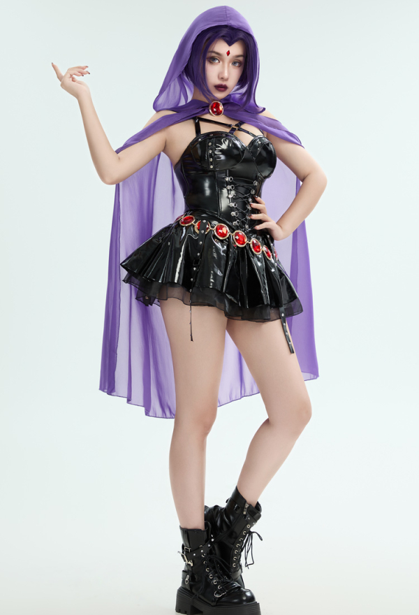 Women Halloween Raven Derivative Costume - Strap Tank Top and Skirt with  Hooded Sheer Cape and Belt Cosplay | Top Quality Casual Outfit for Sale