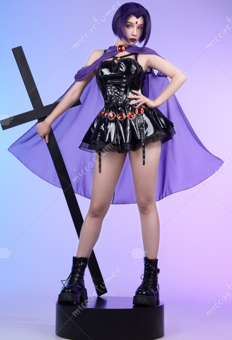 Halloween Raven Derivative Casual Outfit Strap Tank Top and Skirt with Hooded Sheer Cape and Belt Cosplay