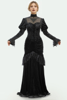 Medieval Renaissance Costume Halloween Gothic Black Victorian Lace Slim Dress