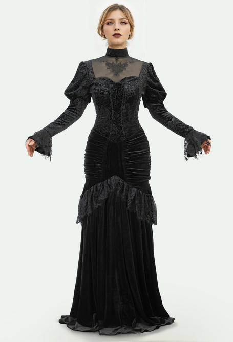 Medieval Renaissance Costume Halloween Gothic Black Victorian Lace Slim Dress