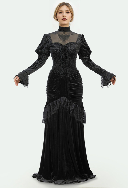 BOTCAM Dames lange mouwen middeleeuwse jurk Halloween kostuum vintage avondjurk gothic victoriaanse renaissance maxi jurken elegante kanten up cosplay