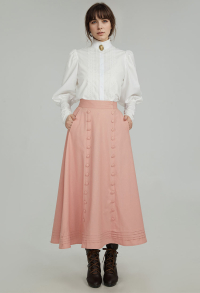 Women Medieval Court Style Skirt Pink Button Ruffles Long Skirt