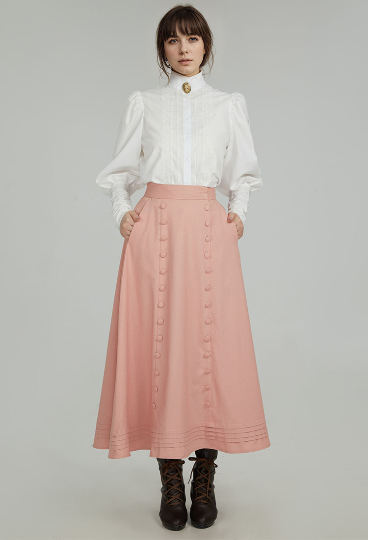 Women Medieval Court Style Skirt Pink Button Ruffles Long Skirt
