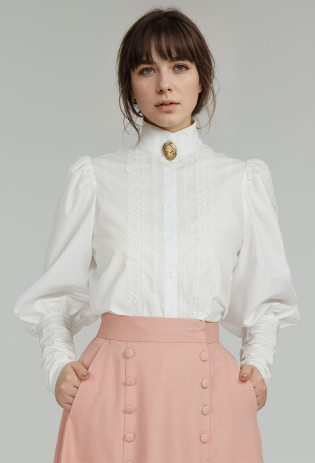 Cakuoyi Medieval Renaissance Style White Shirt with Brooch Edwardian Ruffle Trim Puff Sleeves Blouse