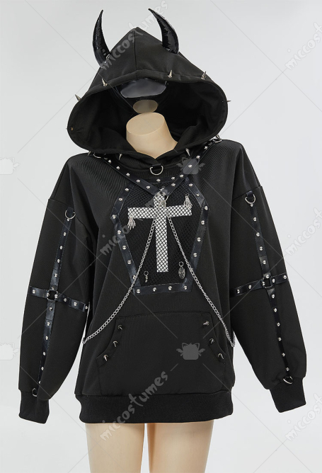 Gothic Style Black Sweatshirt Chain Rivets Cross Decor Demon Horns Hoodie