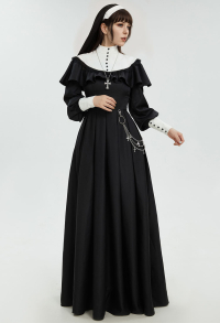Gotisches Halloween Kleid im Nonnen Stil Retro schwarzes langes Kleid mit Schal und Halskette Taillengürtel Cosplay Kostüm