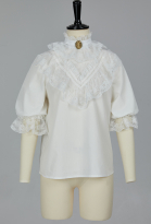 Medieval Style Victorian Blouse Lace Midi Puff Sleeves White Shirt with Pin and Collar