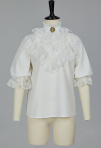 Medieval Style Victorian Blouse Lace Midi Puff Sleeves White Shirt with Pin and Collar