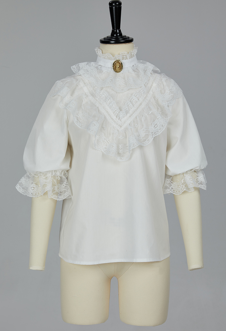 Medieval Style Victorian Blouse Lace Midi Puff Sleeves White Shirt with Pin and Collar