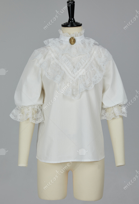 Medieval Style Victorian Blouse Lace Midi Puff Sleeves White Shirt with Pin and Collar
