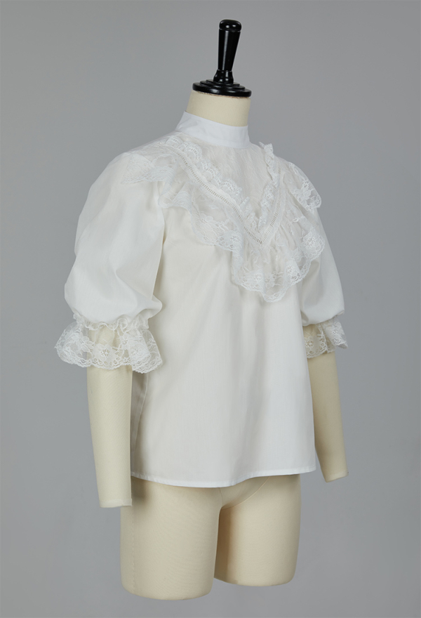 Dames Victoriaanse Renaissance Shirt Tops Stand Kraag Half Mouw Vintage Middeleeuwse Boer Blouse, Wit, S