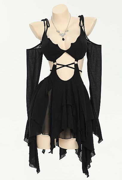 black fairy dress Lace Fairytale Spread some dark magic this Halloween when you wear this Dark Fairy Costume Night Fairy Asymmetric Dress And