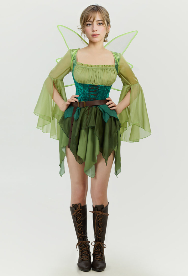 Women Halloween Medieval Green Fairy Costume Magical Elf Dress
