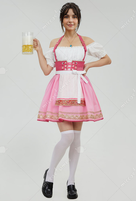 Oktoberfest Costume Peach Derivative Beer Babe Dress German Dirndl Dress Apron with Thigh Socks Necklace