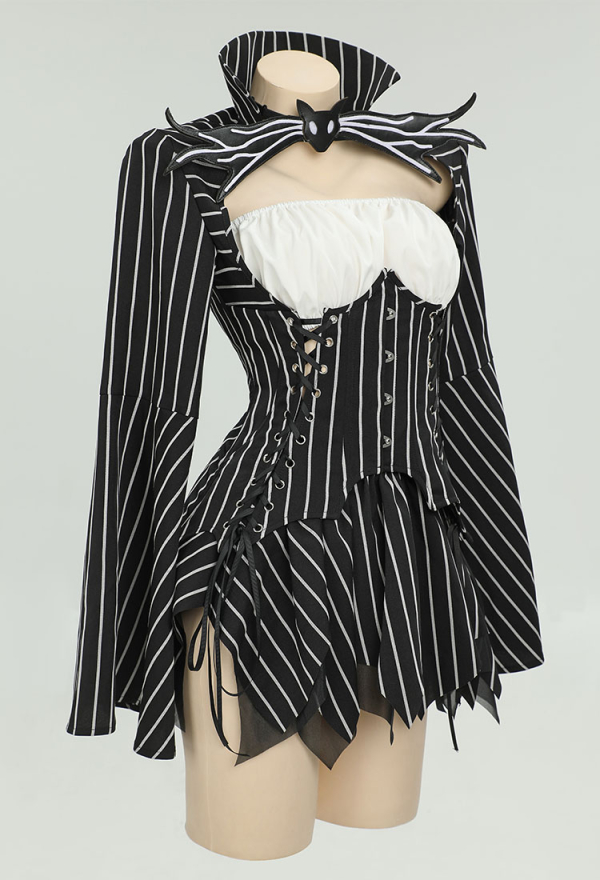 Women Jack Derivative Gothic Black White Stripe Halloween Costume - Main Image