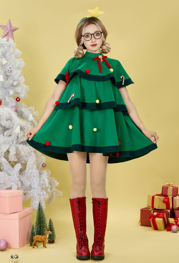 Damen Kostüm Grünes Weihnachtskleid Kawaii Weihnachtsbaum Kleid Set mit Umhang Stirnband