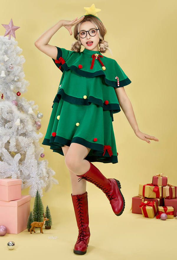 Damen Kostüm Grünes Weihnachtskleid Kawaii Weihnachtsbaum Kleid Set mit Umhang Stirnband