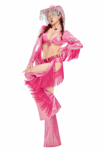 Halloween Pink Denim Suit Long-sleeved Top and Cut Out Pants with Hat and Belt