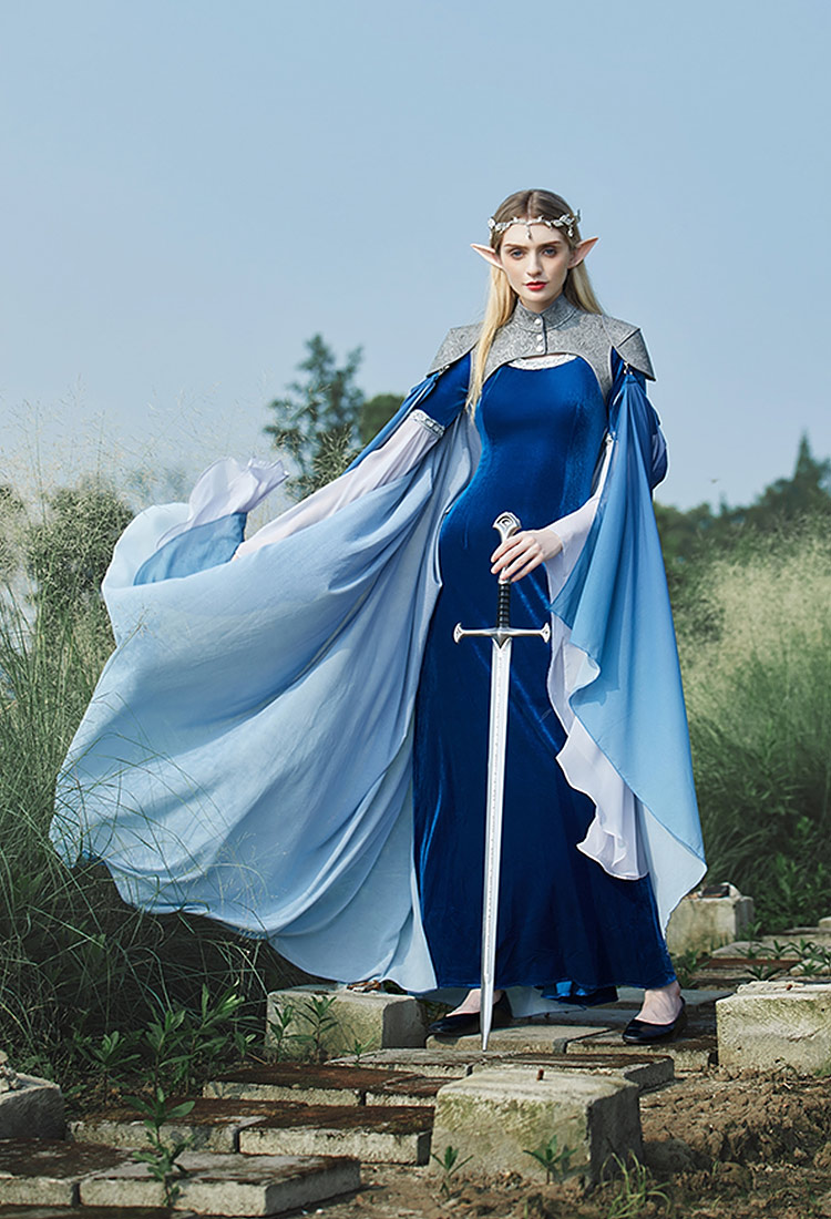 Medieval Gradient Blue Elf Style Shawl Retro Waistcoat And Train With Chain
