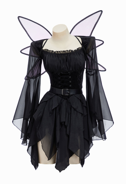 Halloween Style Dress Costume Black Magic Elf Dress with Belt and Wings