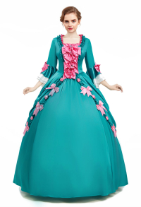Medieval Pompadour Long Gown Green Satin Rococo Vintage Dress Bow-decorated Dress