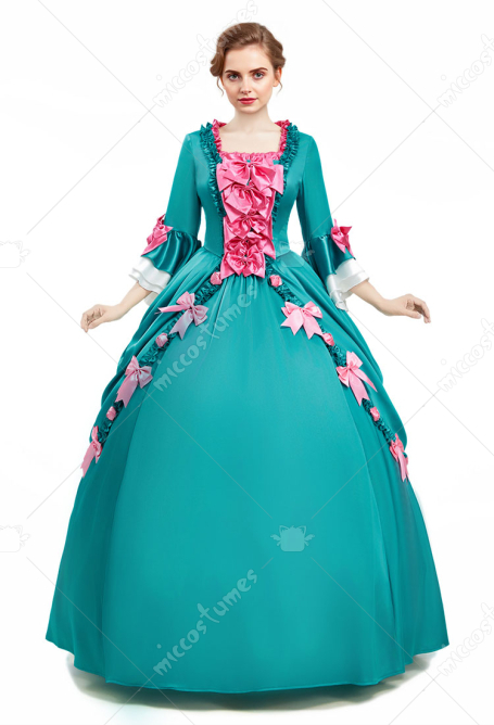 Medieval Pompadour Long Gown Green Satin Rococo Vintage Dress Bow-decorated Dress