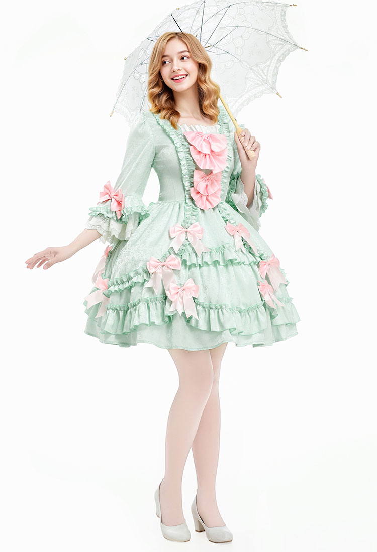 Medieval Pompadour Short Dress Mint Green Rococo Vintage Dress Bow-decorated Dress