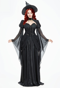 Halloween Vintage Witch Dress Gothic Witch Black Dress with Top and Hat