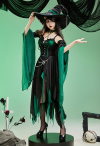 Shego Derivative Halloween Gothic Witch Costume Halter Top and Irregular Skirt with Sleeves and Hat