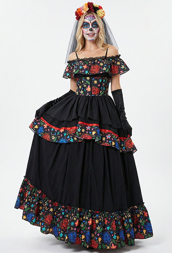 day of the dead bridesmaid dresses Floral Print Dress Halloween Zombie Bride Spaghetti Strap Dress with Headband and Gloves Size:2