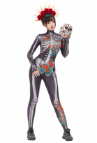 Halloween Day of the Dead Skull Print Bodysuit Gothic Rose Print Jumpsuit