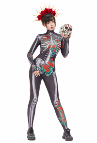 Halloween Day of the Dead Skull Print Bodysuit Gothic Rose Print Jumpsuit