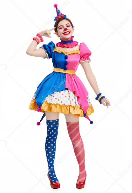 Halloween Colorful Circus Clown Costume Sweetheart Dress Set with Belt and Headdress