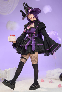 Anime Poupée Dérivé Halloween Sorcière Costume Ensemble Gothique Lolita Robe avec Cape and Chapeau
