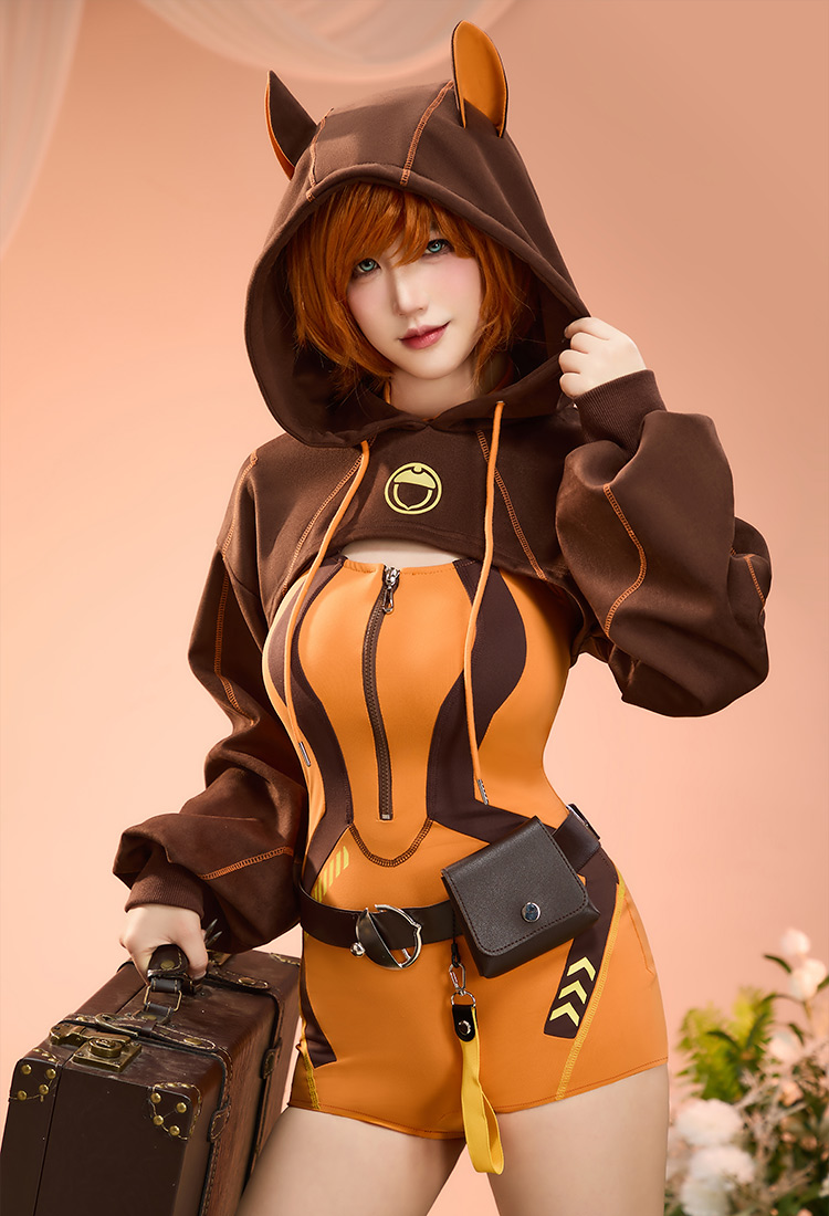 Rival Girl Doreen Derivative Functional Style Set Halter Neck Bodysuit with Short Hoodie and Belt
