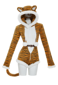 Sexy Plush Homewear Romper Furry Hooded Tiger Print Bodysuit with Tail and Belt