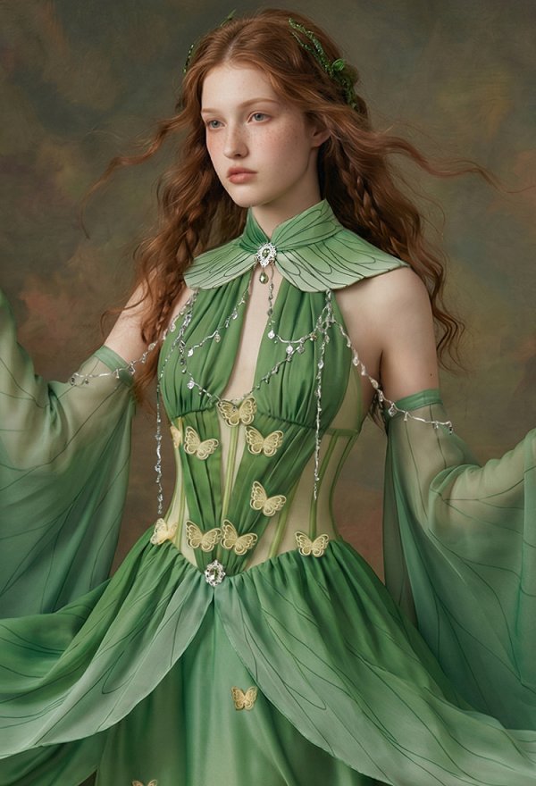green fairy dress women's Daizbella Renaissance Butterfly Medieval Retro Dress with Flutter Sleeves sage green fairy dress