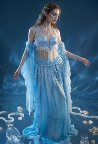 Summer Elf Medieval Renaissance Outfit Mermaid Costume Seashell Top and Skirt with Sleeves and Waist Chain