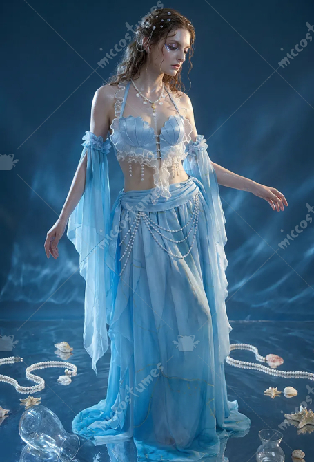 Summer Elf Medieval Renaissance Outfit Mermaid Costume Seashell Top and Skirt with Sleeves and Waist Chain