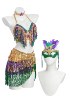 Mardi Gras Fringe Suit Cosplay Costume Top and Skort with Mask and Sleeves