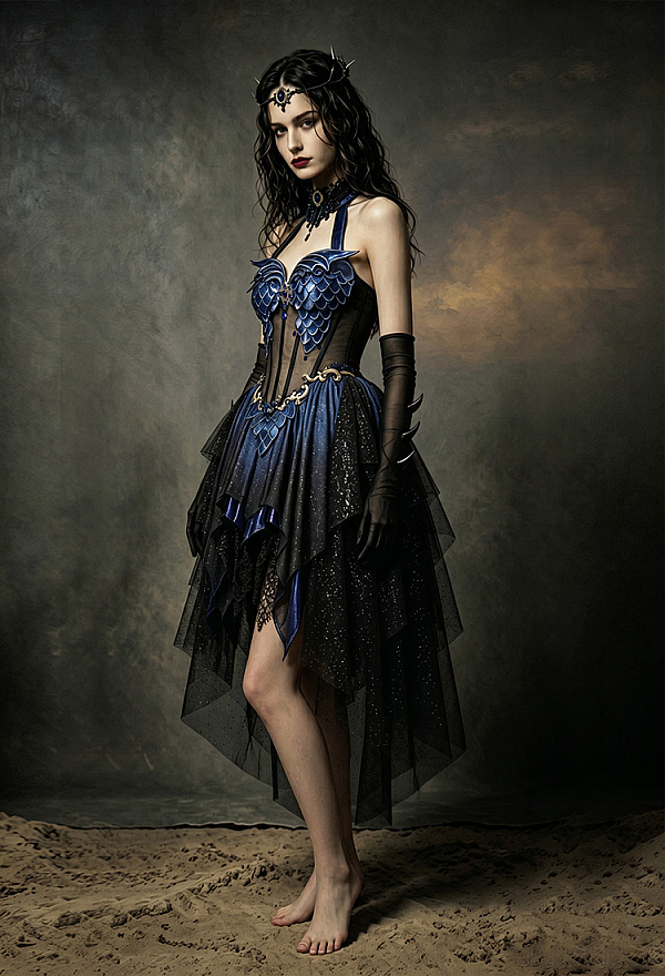 Daizbella Medieval Fantasy Dragon Elf Dress Dark Gothic Halter Dress with Gloves and Train