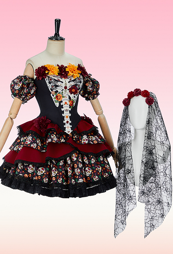 Day of the Dead Sugar Skull Print Floral Dress Set Halloween Zombie Bride Strapless Corset Top and Skirt with Veil