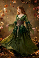 Autumn Elf Medieval Retro Dryad Style Elf Dress V-neck Irregular Dress with Corset and Brooch