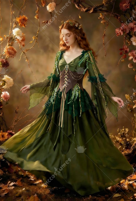 Autumn Elf Medieval Retro Dryad Style Elf Dress V-neck Irregular Dress with Corset and Brooch