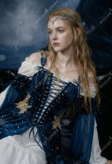 Medieval Renaissance Elf Style Blue Velvet Dress with Sleeves