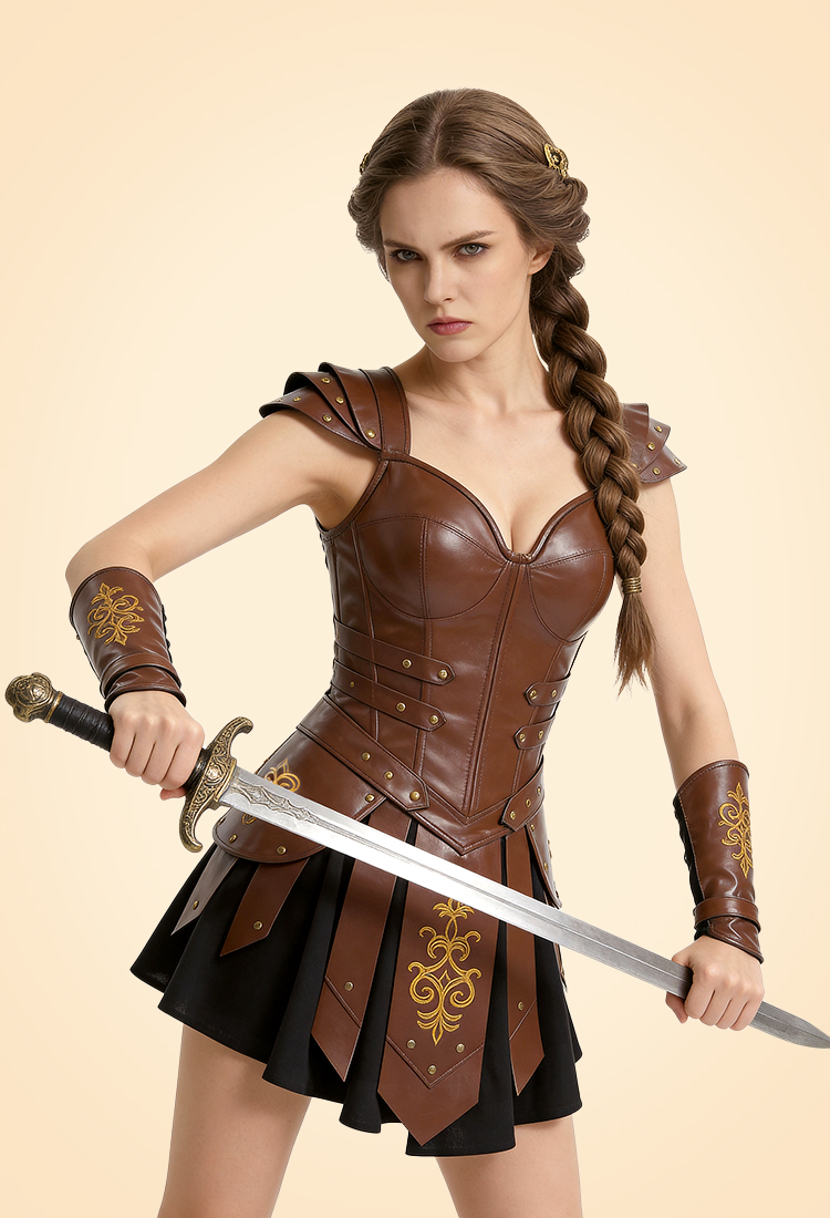 Ancient Roman Female Gladiator Outfit Warrior's Corset Dress with Wristbands and Gauntlets